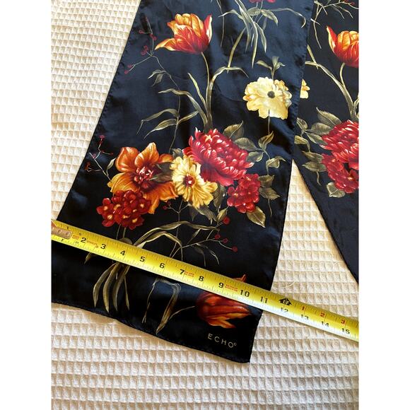 ECHO Black W/ Orange & Red Floral Print Silk Cottage Core Style Long Scarf - Picture 5 of 8